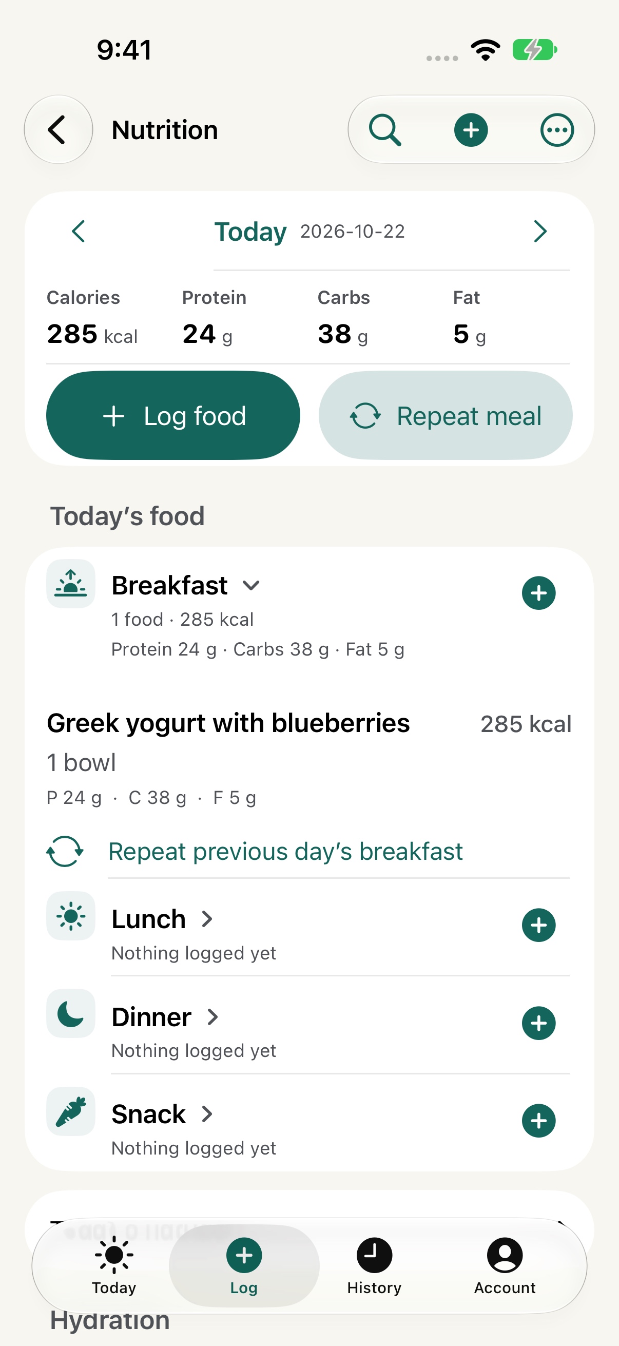 WellBase nutrition diary showing a demo breakfast and its calories, protein, carbs, and fat