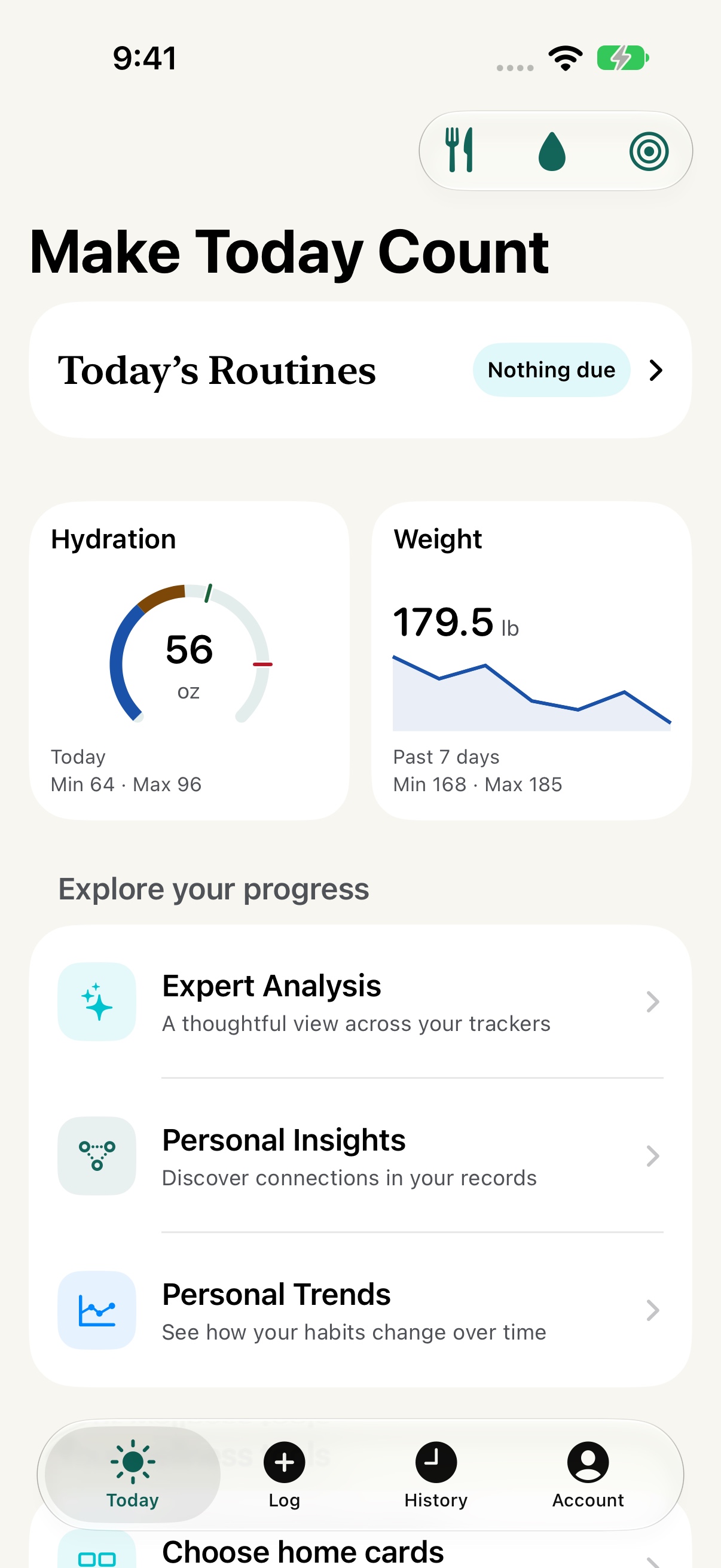 WellBase Today screen with demo hydration, weight trends, and progress tools